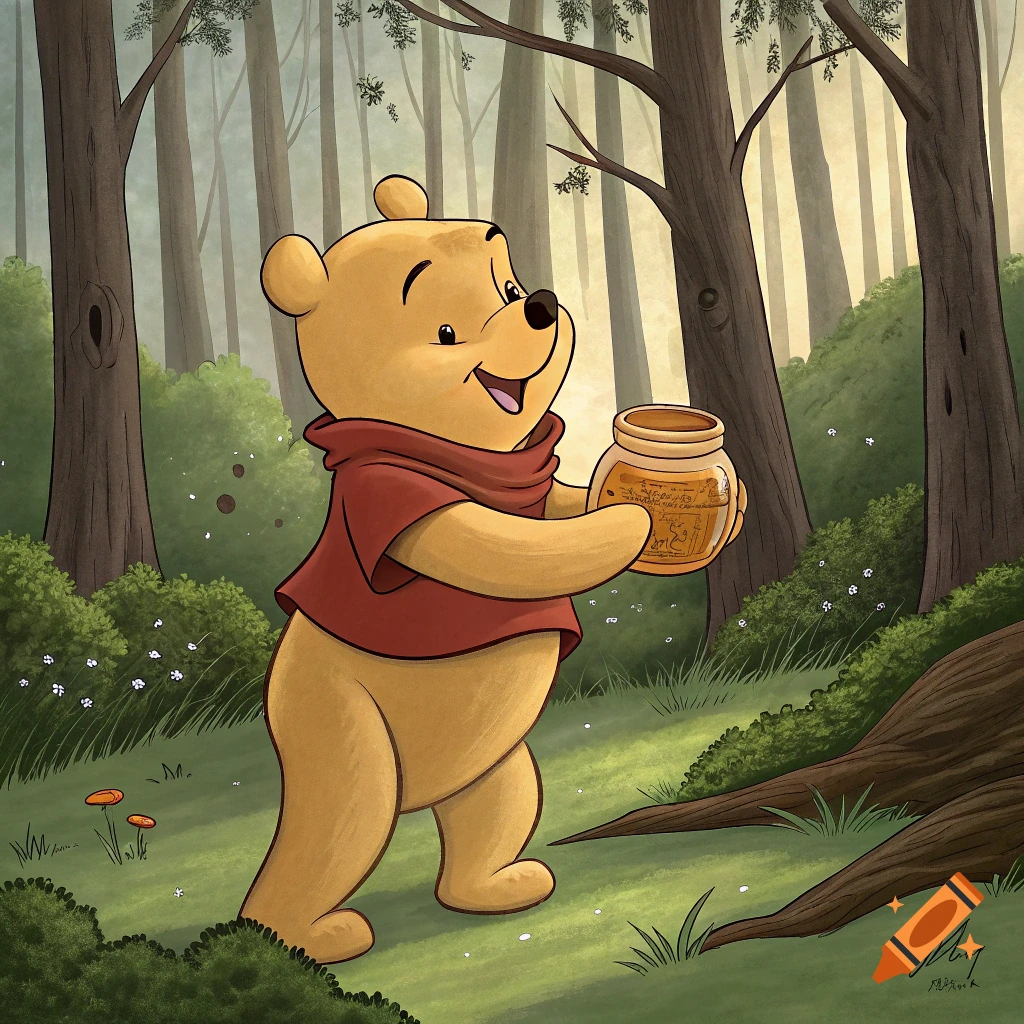 Cartoon illustration of Winnie the Pooh holding a honey pot in a forest.
