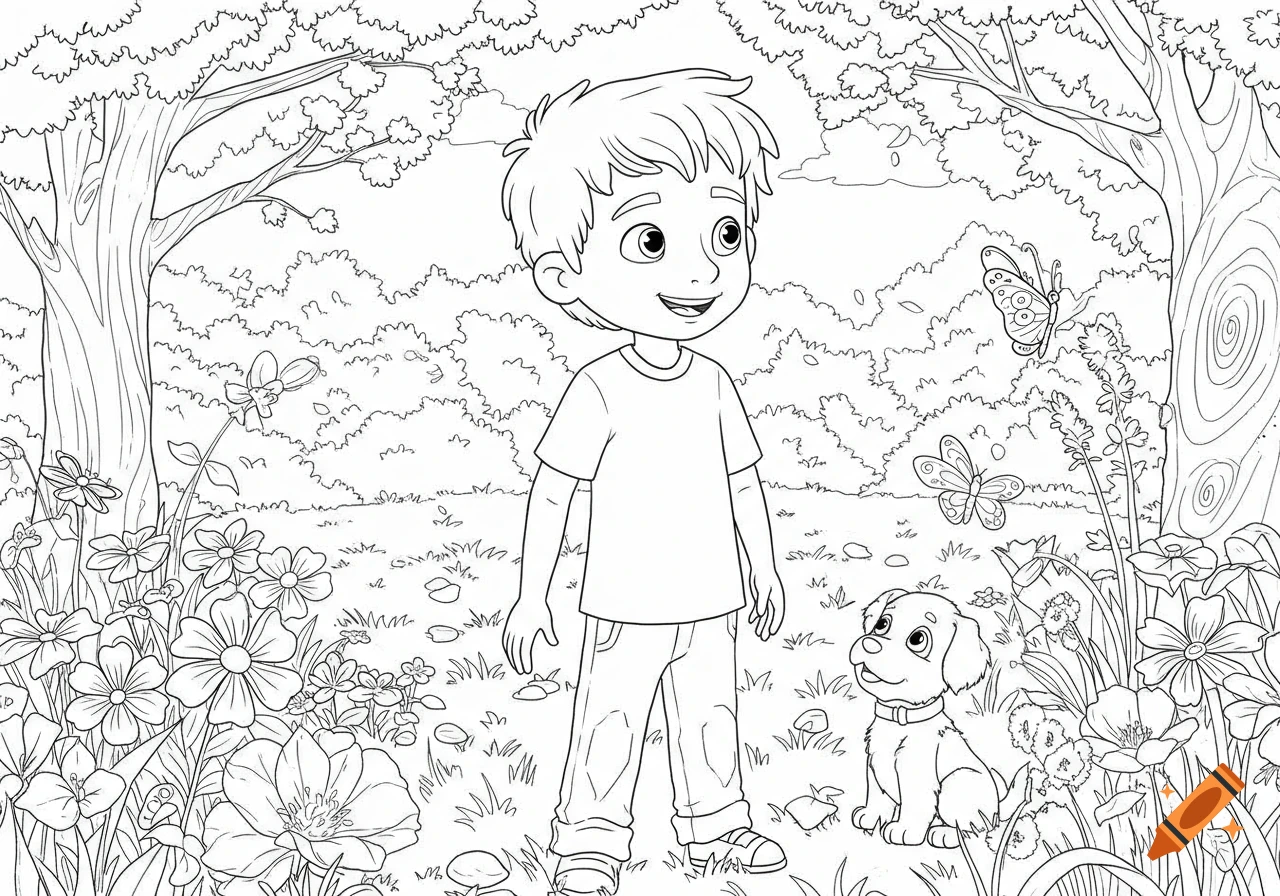 Black and white coloring page of a boy and dog in a forest.