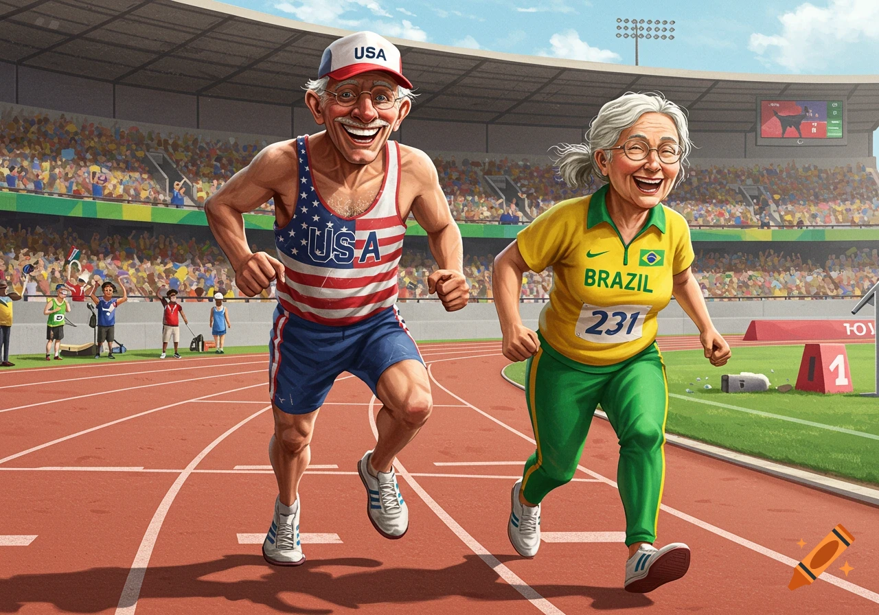 Elderly man and woman running in a track stadium, one in USA uniform, the other in Brazil uniform.