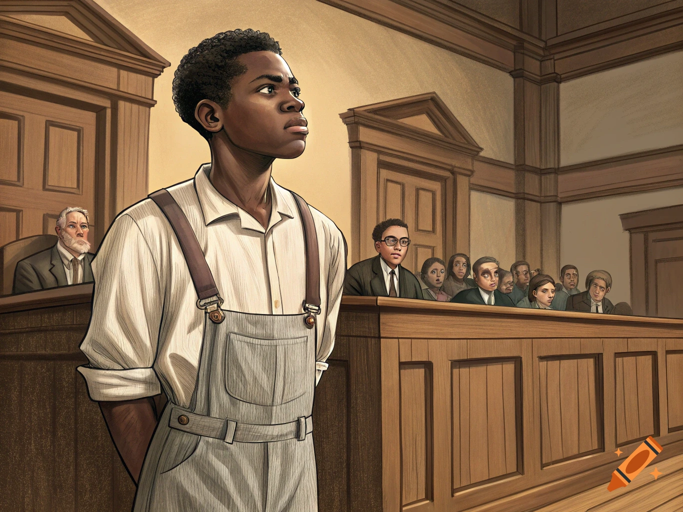 Illustration of a young Black man standing in a courtroom with a judge and jury.