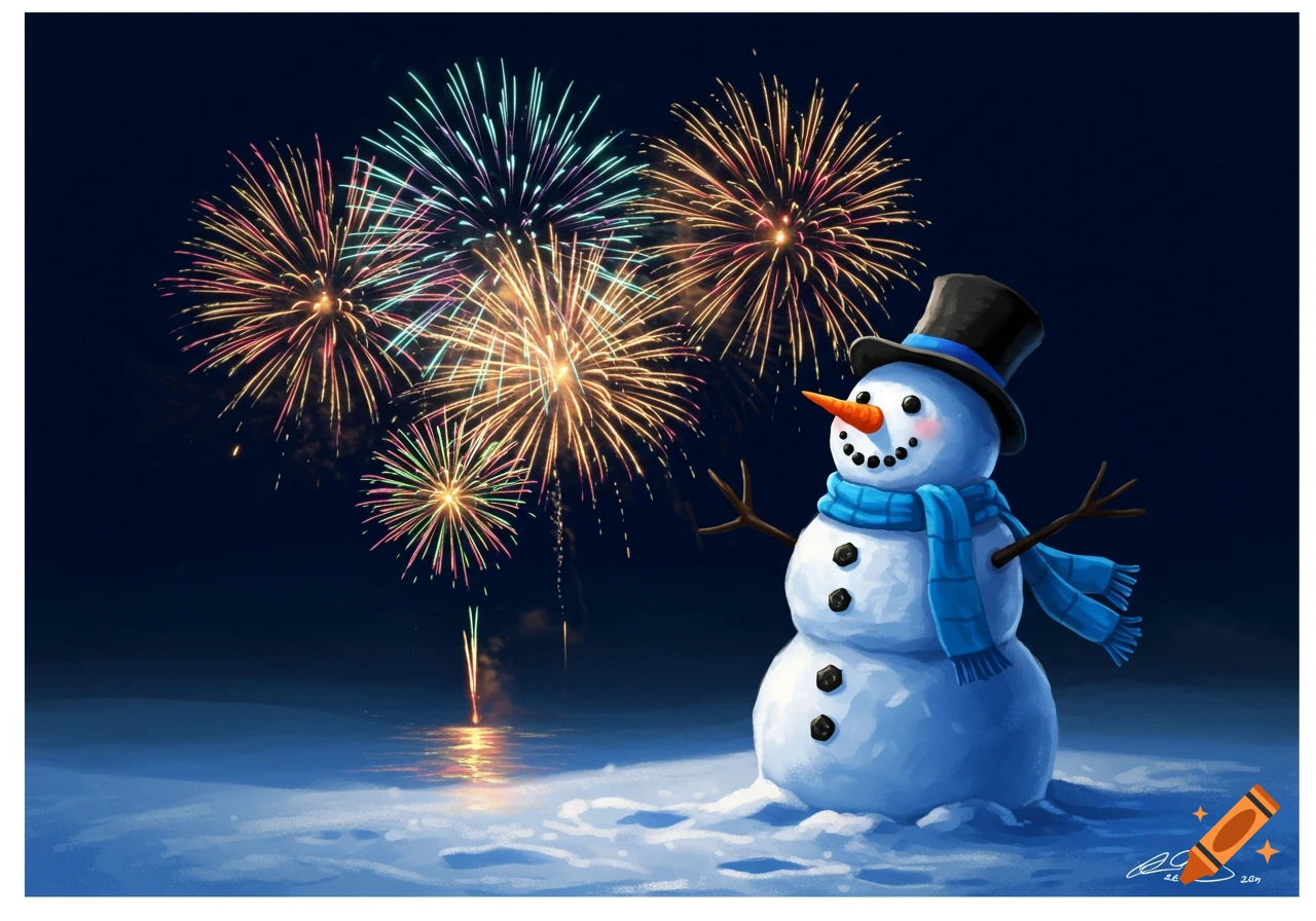 Digital painting of a cheerful snowman wearing a top hat and blue scarf, watching colorful fireworks explode in the night sky over a snowy landscape.
