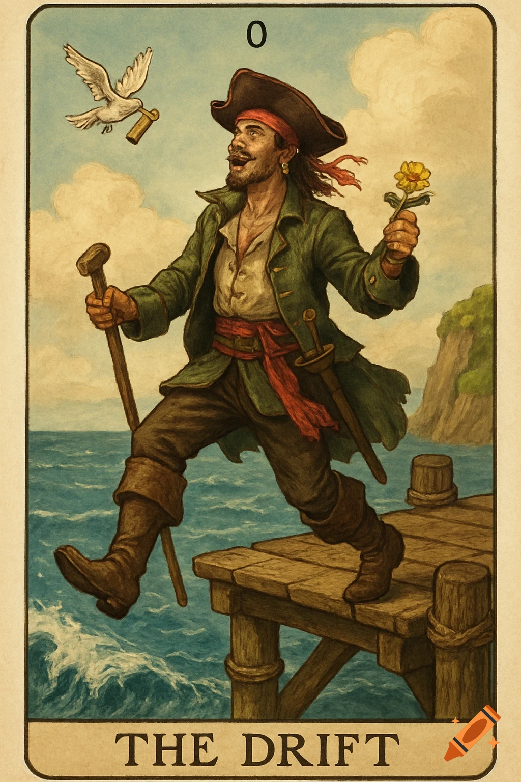 Illustrative tarot card of a pirate stepping off a pier with a cane and flower, a dove flies overhead.