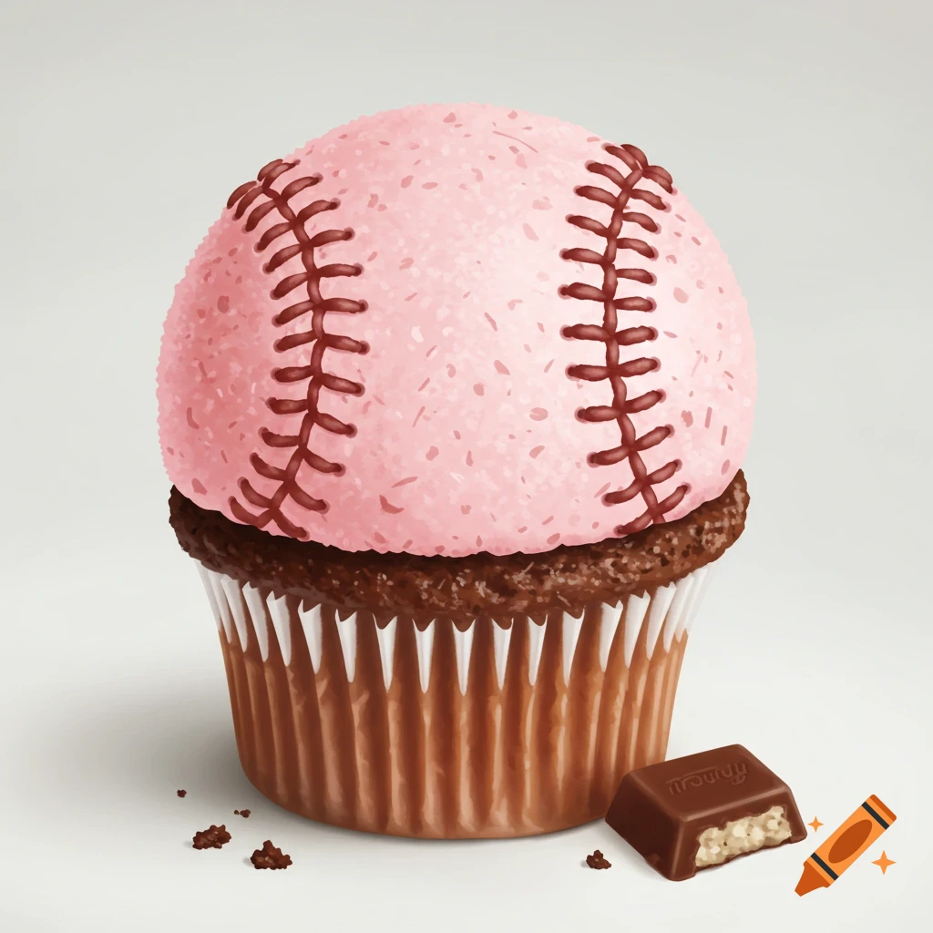 A chocolate cupcake topped with pink frosting designed like a baseball, with a piece of chocolate bar next to it.