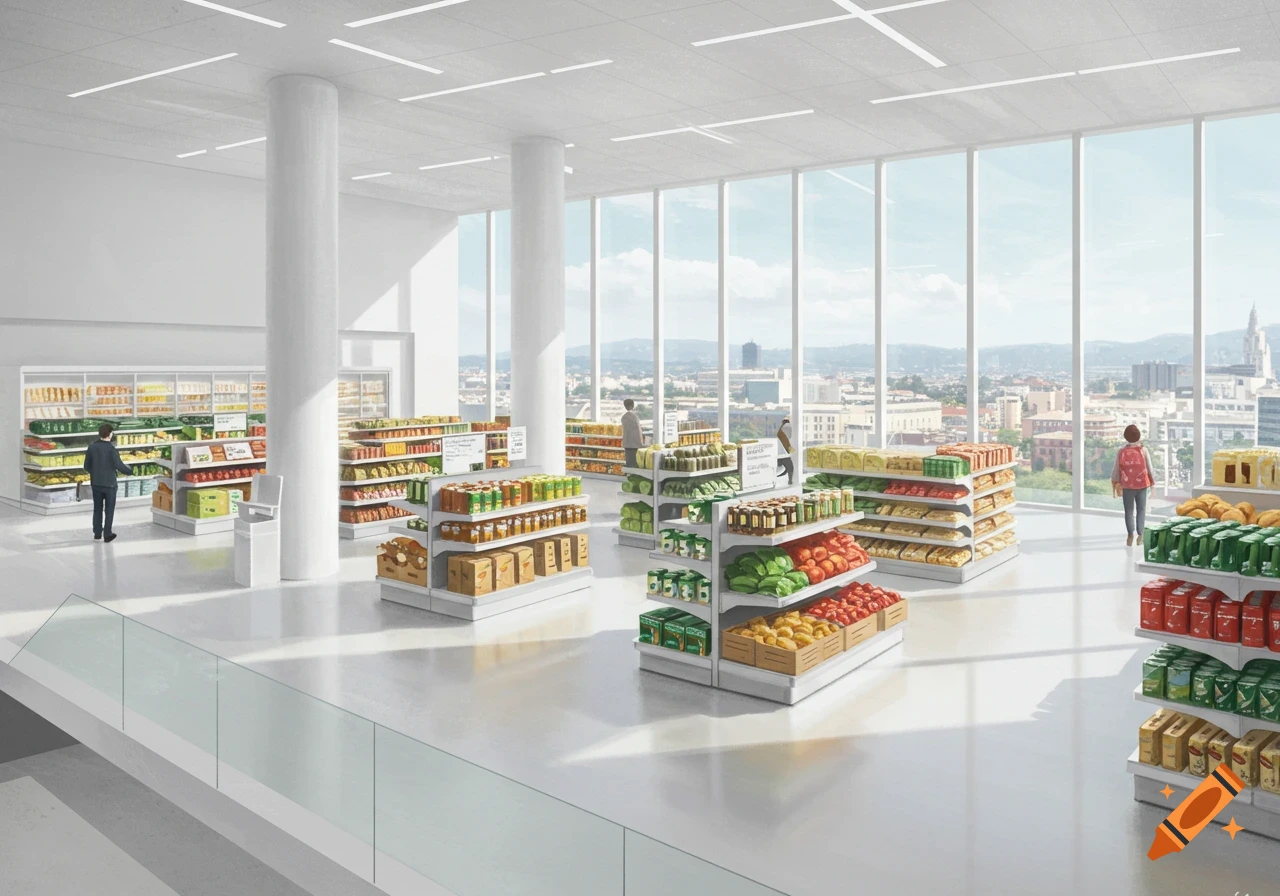 Clean modern grocery store interior with tall windows, shelves of food, and people shopping.