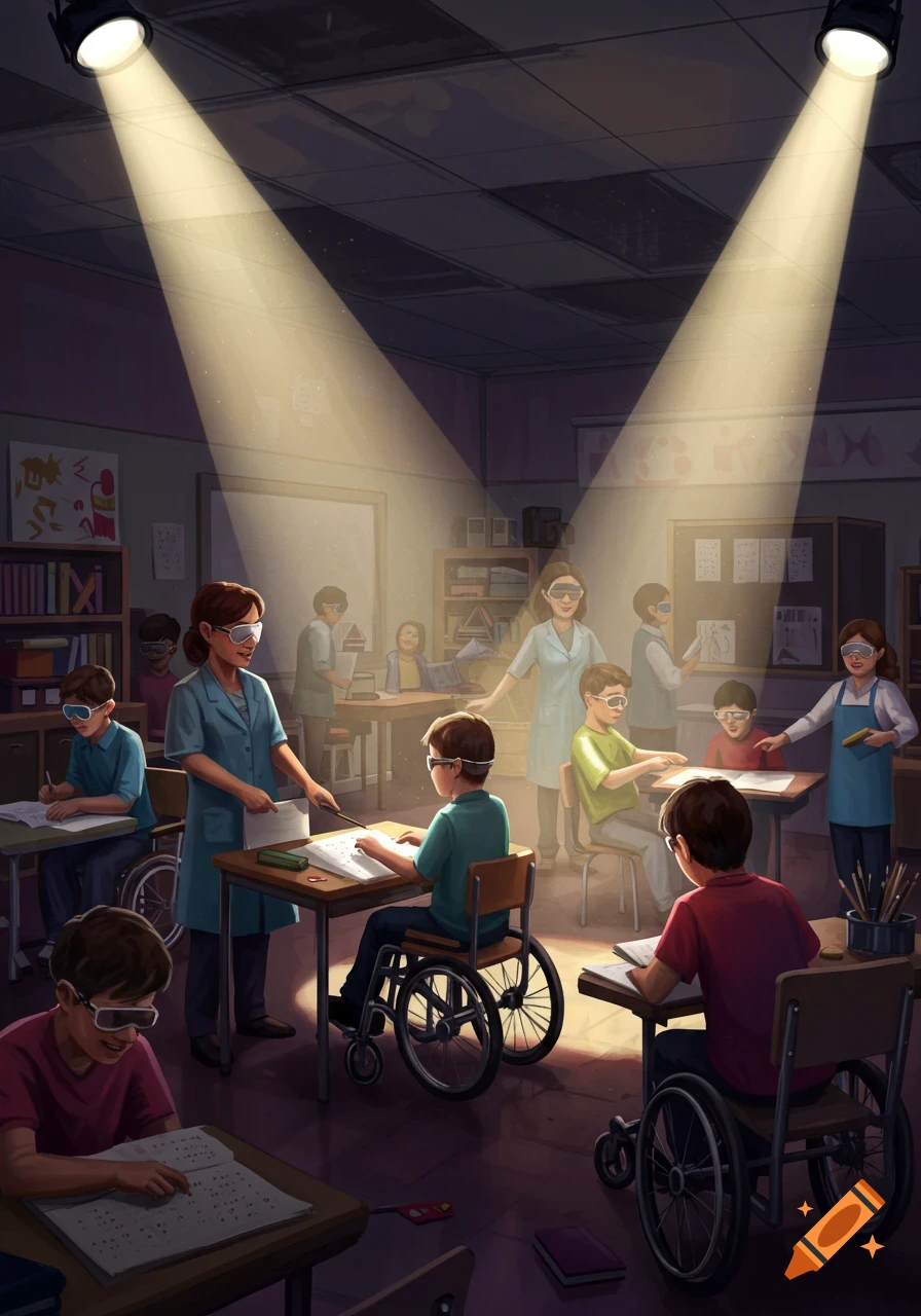 Illustration of a classroom for the blind. Students with visual impairment  goggles read Braille at desks while teachers assist. Some students use  wheelchairs. on Craiyon, image size:896x1280
