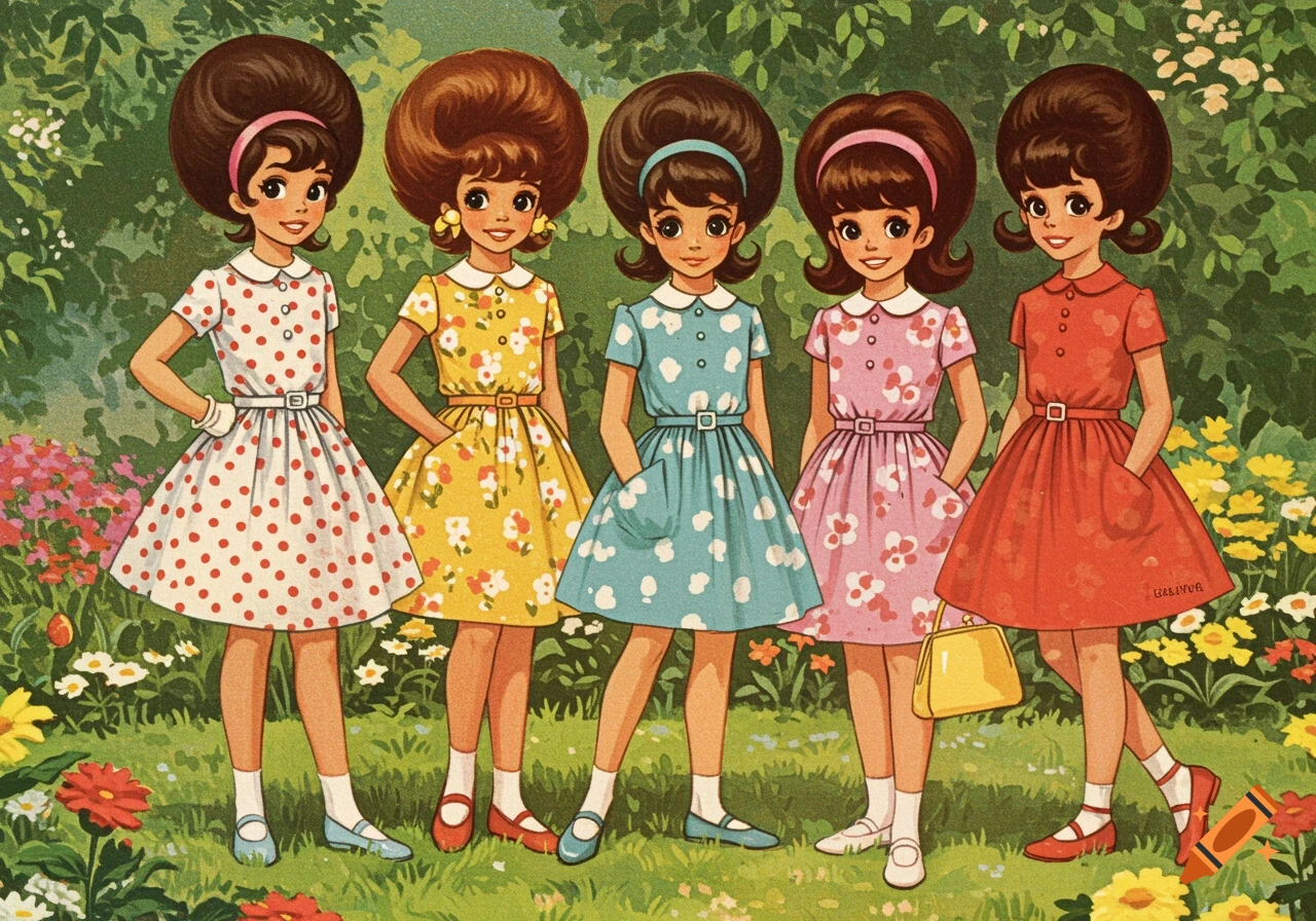 Vintage illustration of five girls with bouffant hair wearing colorful 1960s dresses in a garden.
