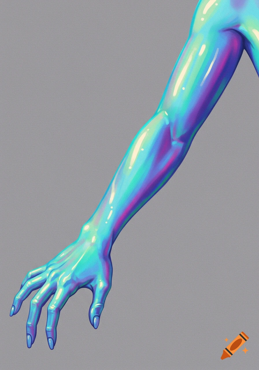 A close-up shot of a human arm and hand rendered in a glossy, iridescent style against a grey background.