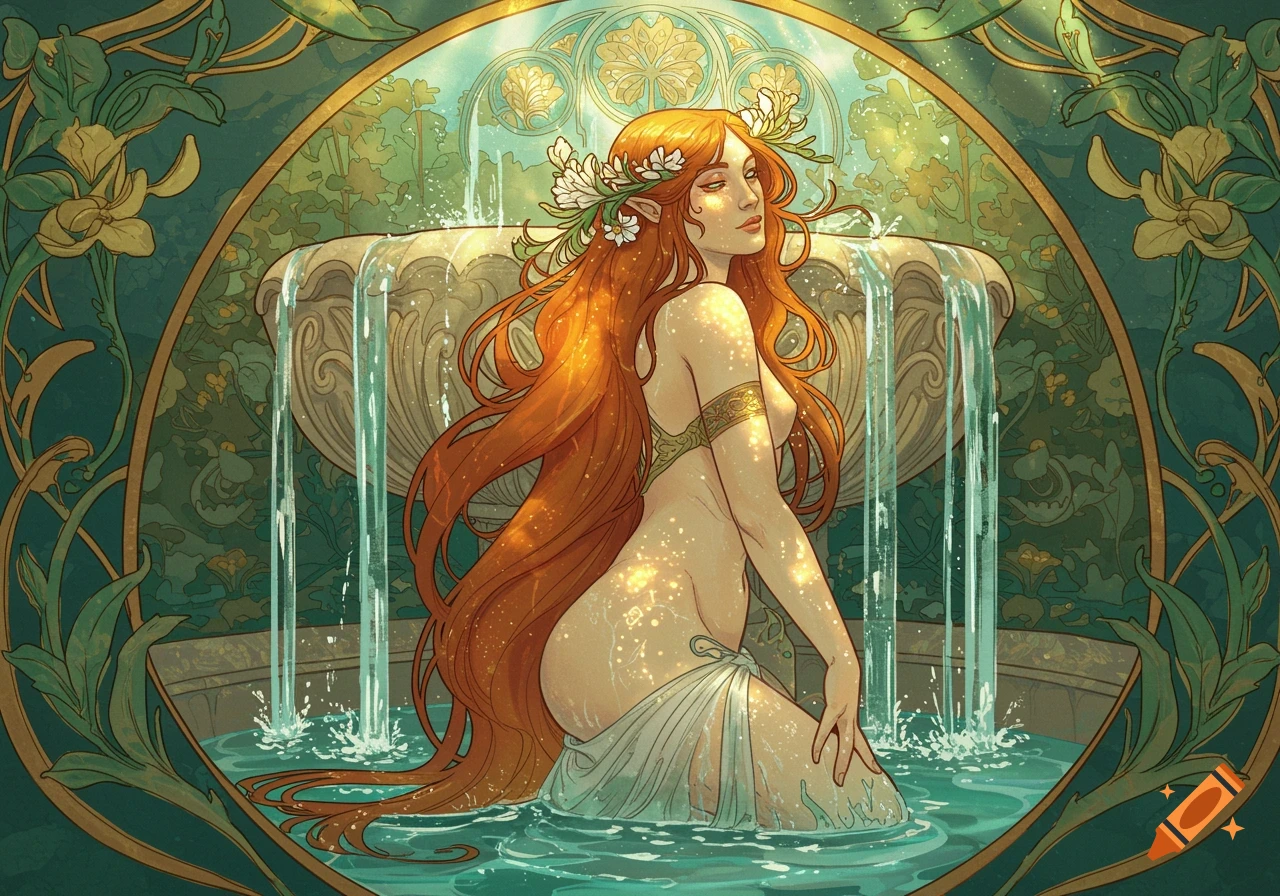 Art Nouveau illustration of a goddess with long red hair sitting in a fountain.