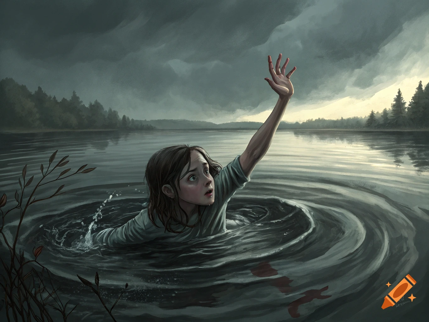 Painting of a girl drowning in a lake under a stormy sky, reaching her hand out of the swirling water.