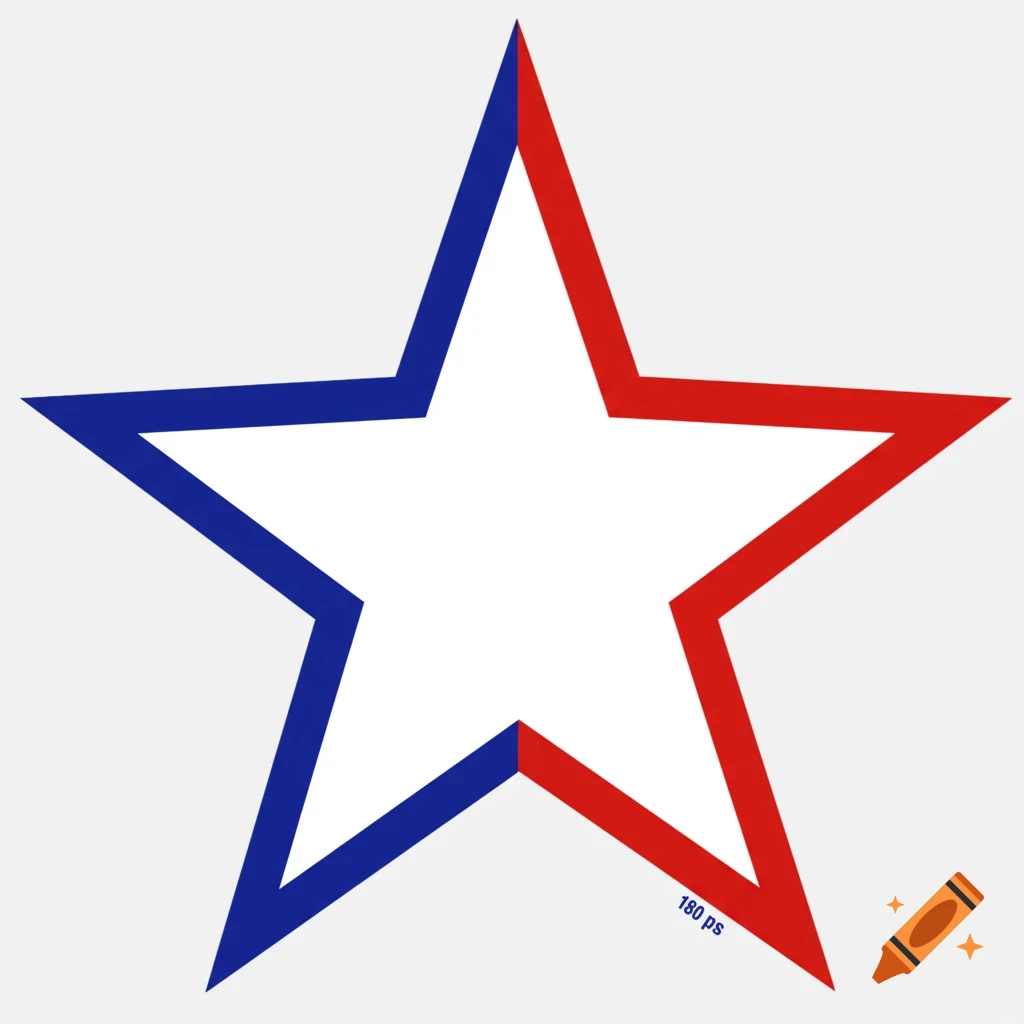 A five-pointed star with a red border on the left half and a blue border on the right half.