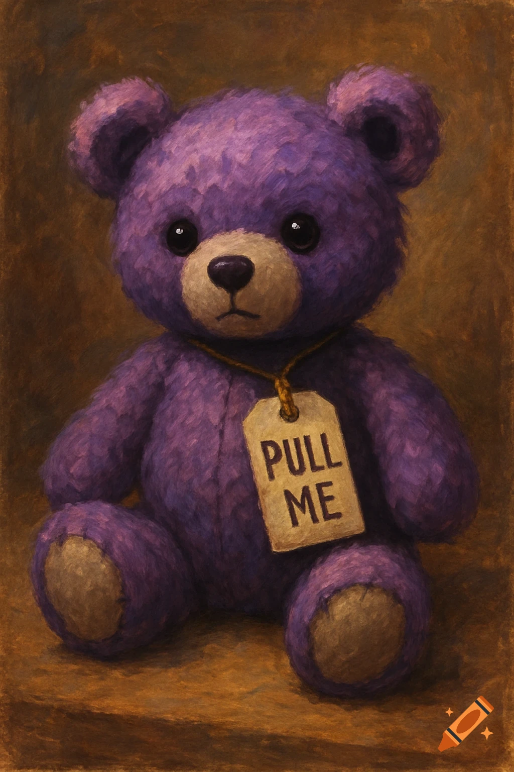 A purple teddy bear sits with a tag reading "PULL ME" in a painterly style.
