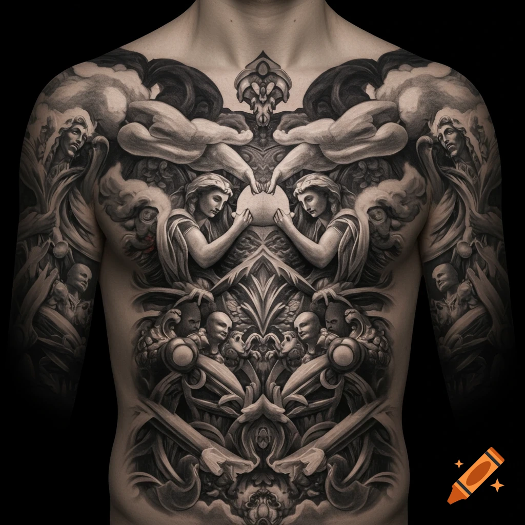 Detailed black and grey symmetrical tattoo on a person's chest, depicting angels, figures, and ornate patterns inspired by classical religious art.