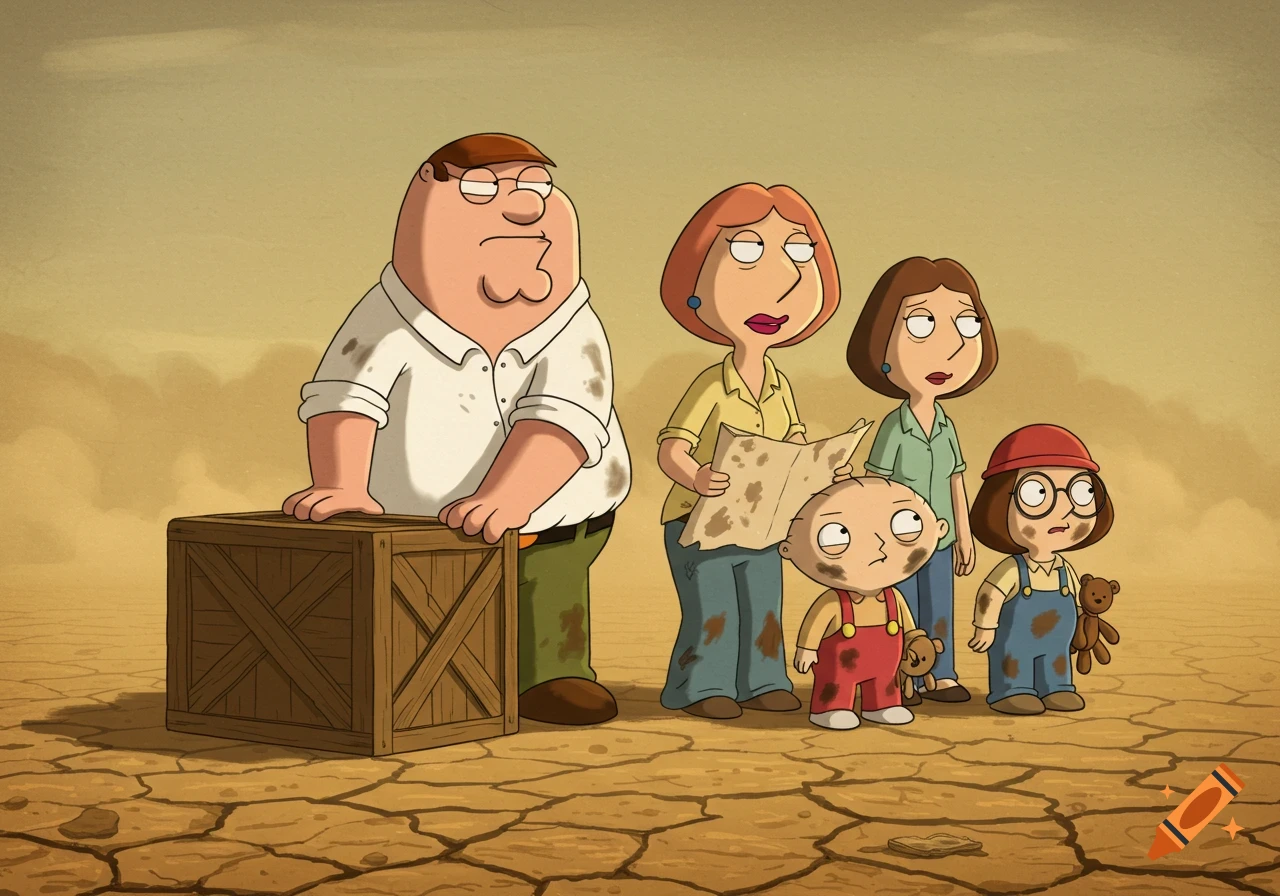 Family Guy characters stand in a cracked desert next to a crate, covered in dirt