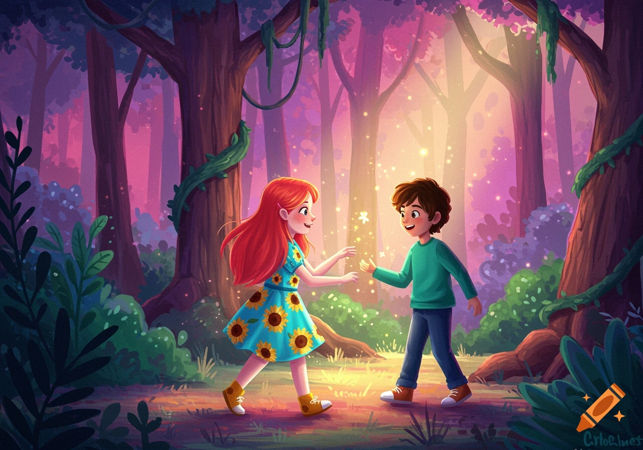 Two happy kids reaching for glowing light in a magical forest illustration.