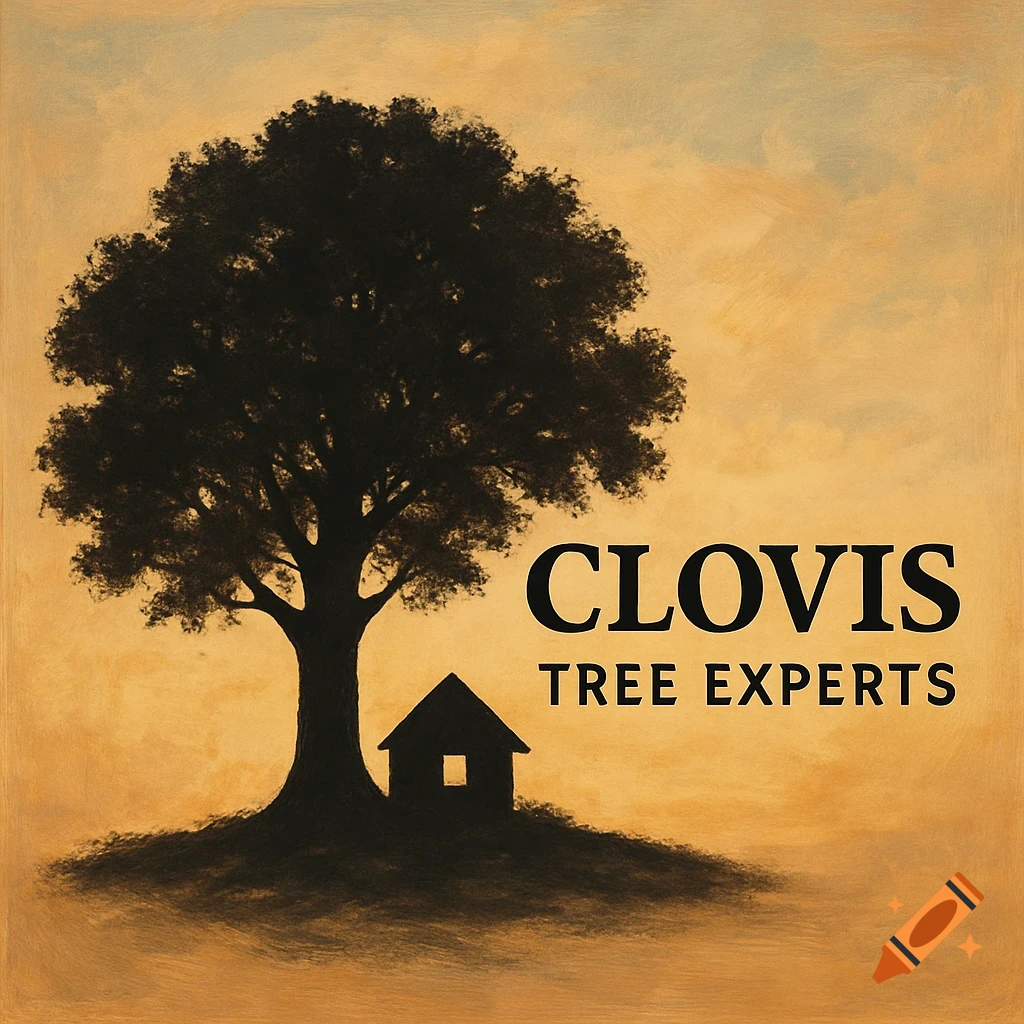 Illustration of a tree silhouette and small house with the text 'CLOVIS TREE EXPERTS' on a warm textured background.