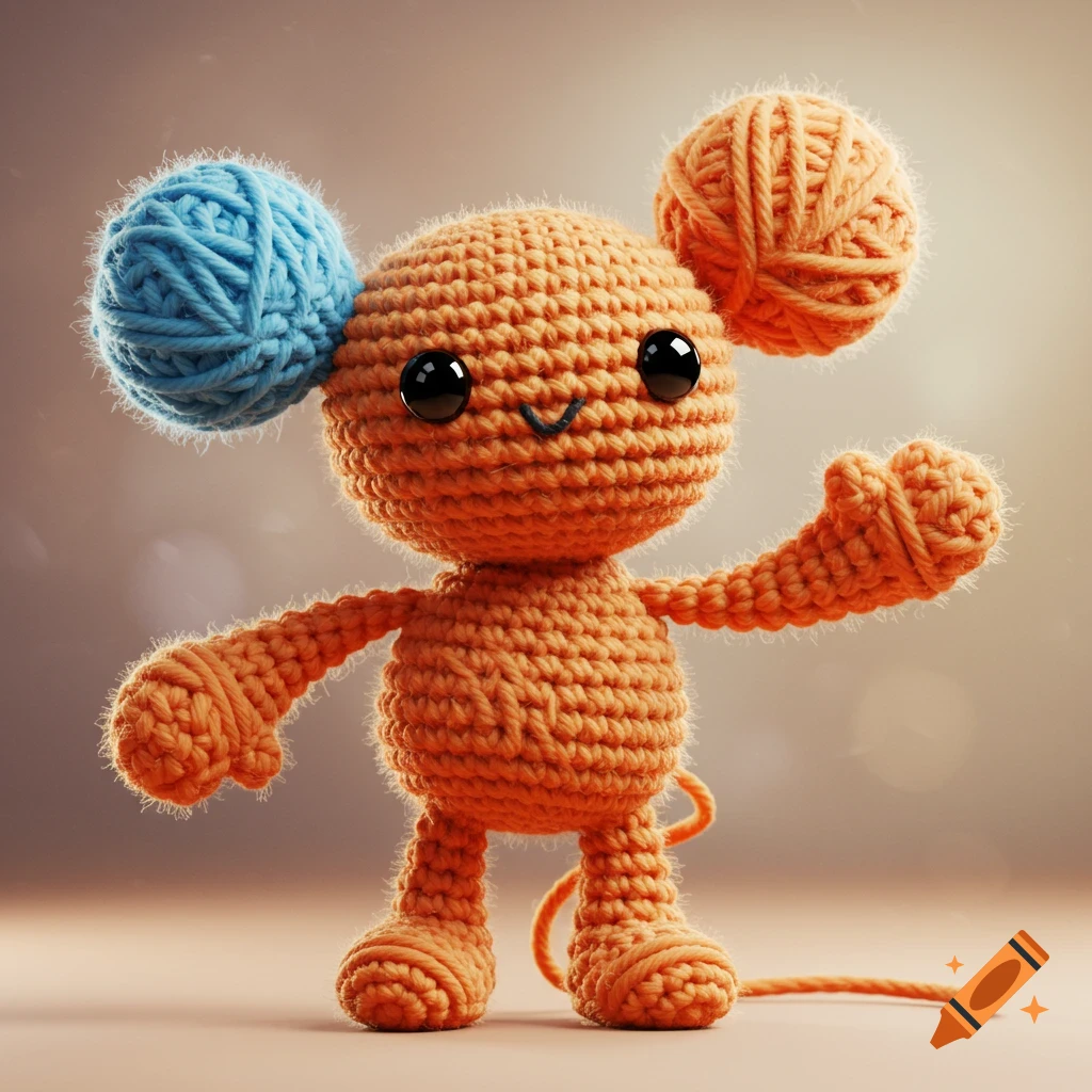 Cute crocheted character with blue and orange yarn ball ears, fuzzy texture.