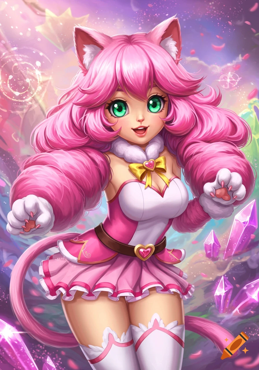 Anime catgirl with pink hair, green eyes, and a pink dress, posing near crystals in a magical setting.