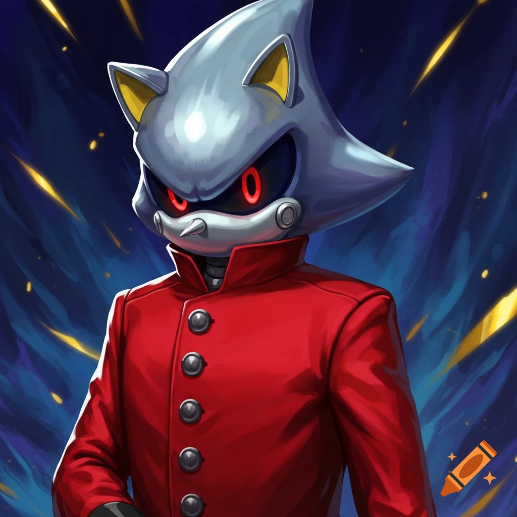 Metal Sonic wearing a red coat against a dark, stormy background.