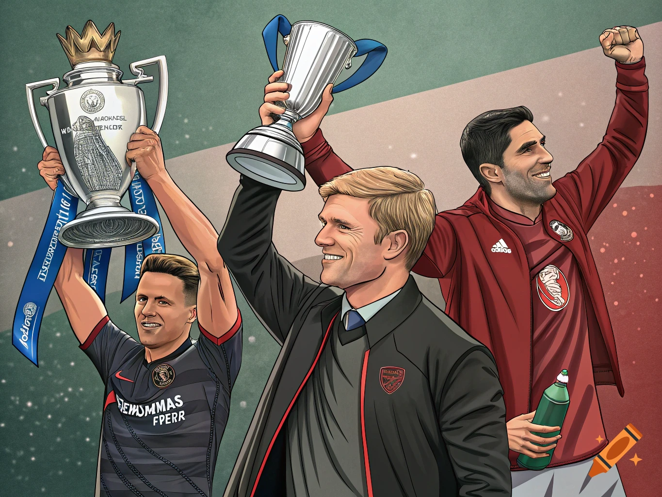 Three men in jerseys celebrating and holding up football trophies in an illustration.
