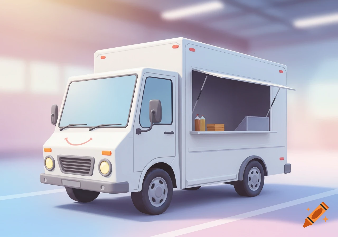 Cartoon illustration of a white food truck with a smile shape on the front.