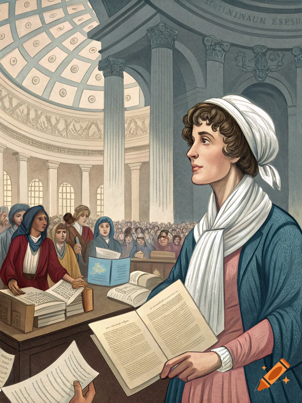 Historical illustration of a woman with a book addressing a crowd in a large hall.