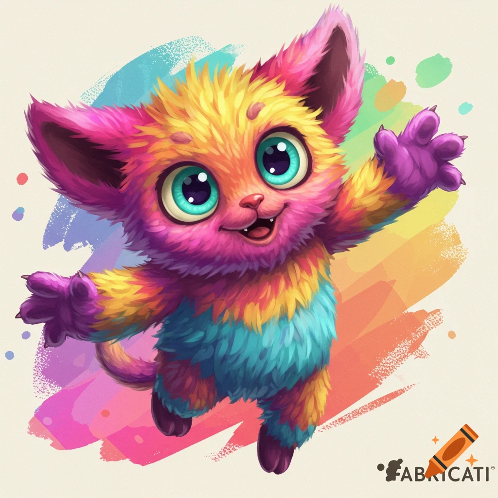 A colorful, fluffy cartoon monster with large eyes raises its paws, in a vibrant painterly style.
