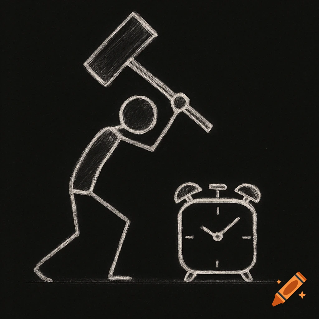 Minimalist stick figure using an oversized hammer to smash an alarm clock, drawn in white lines on black background.