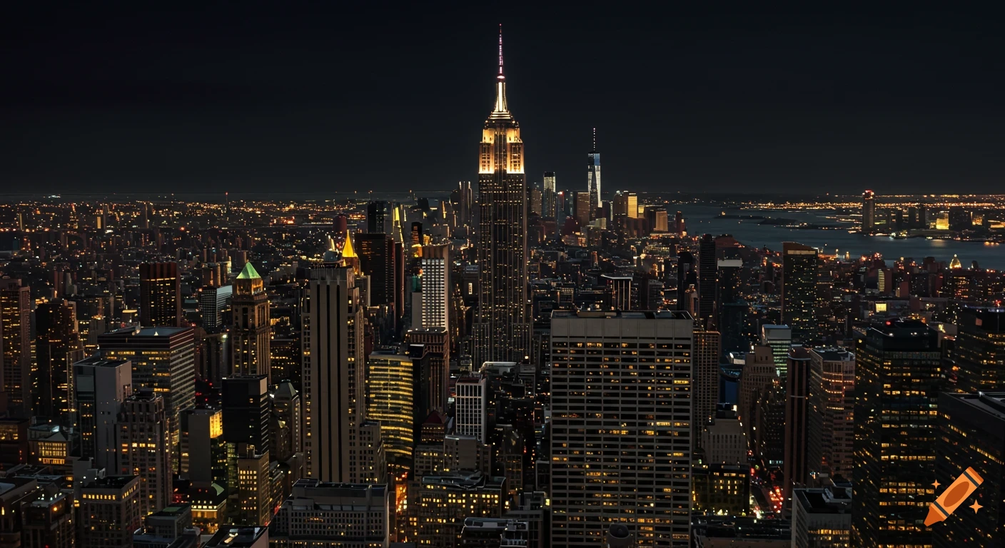 Night view of the New York City skyline with the Empire State Building and One World Trade Center illuminated.