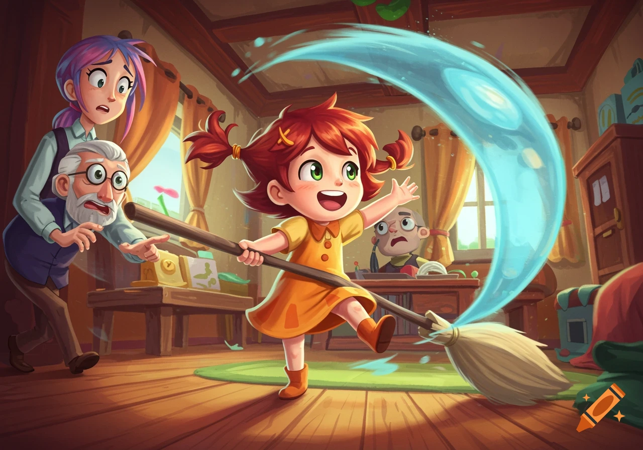 Cartoon of a happy girl splashing water with a broomstick while adults react with surprise.