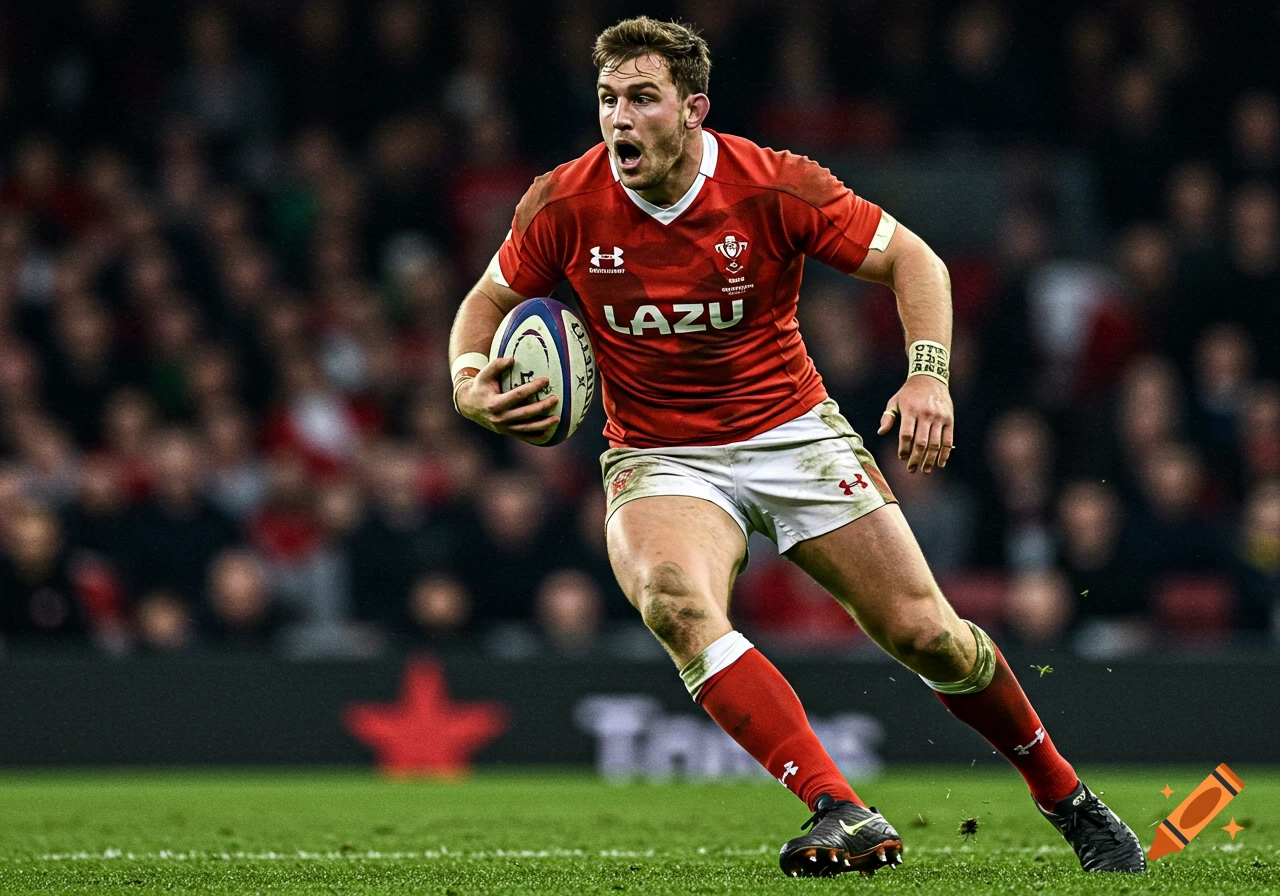 Male rugby player in a red jersey runs with the ball during a game.