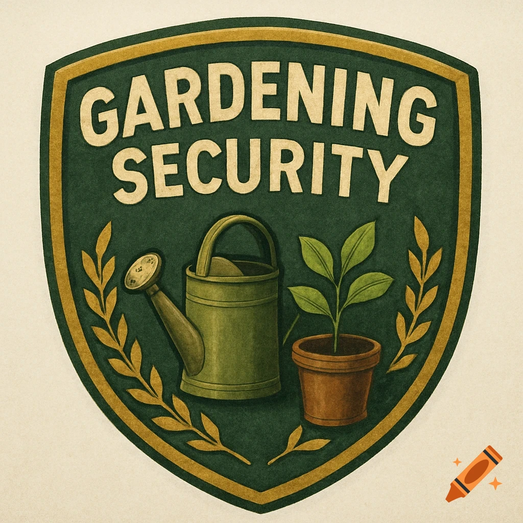A green badge with text "GARDENING SECURITY", a watering can, and a potted plant, in a textured style.