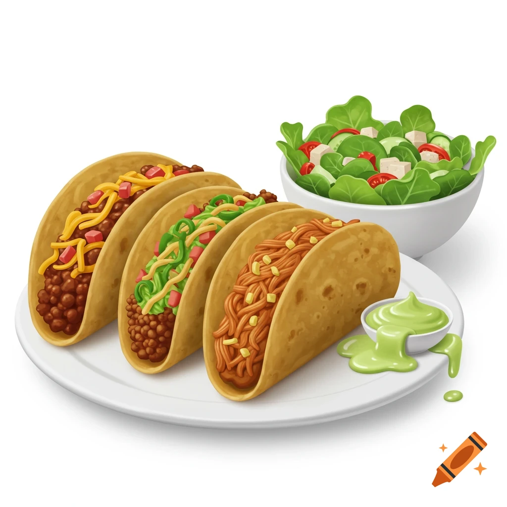 Realistic cartoon illustration of three tacos and a simple salad on a plate.
