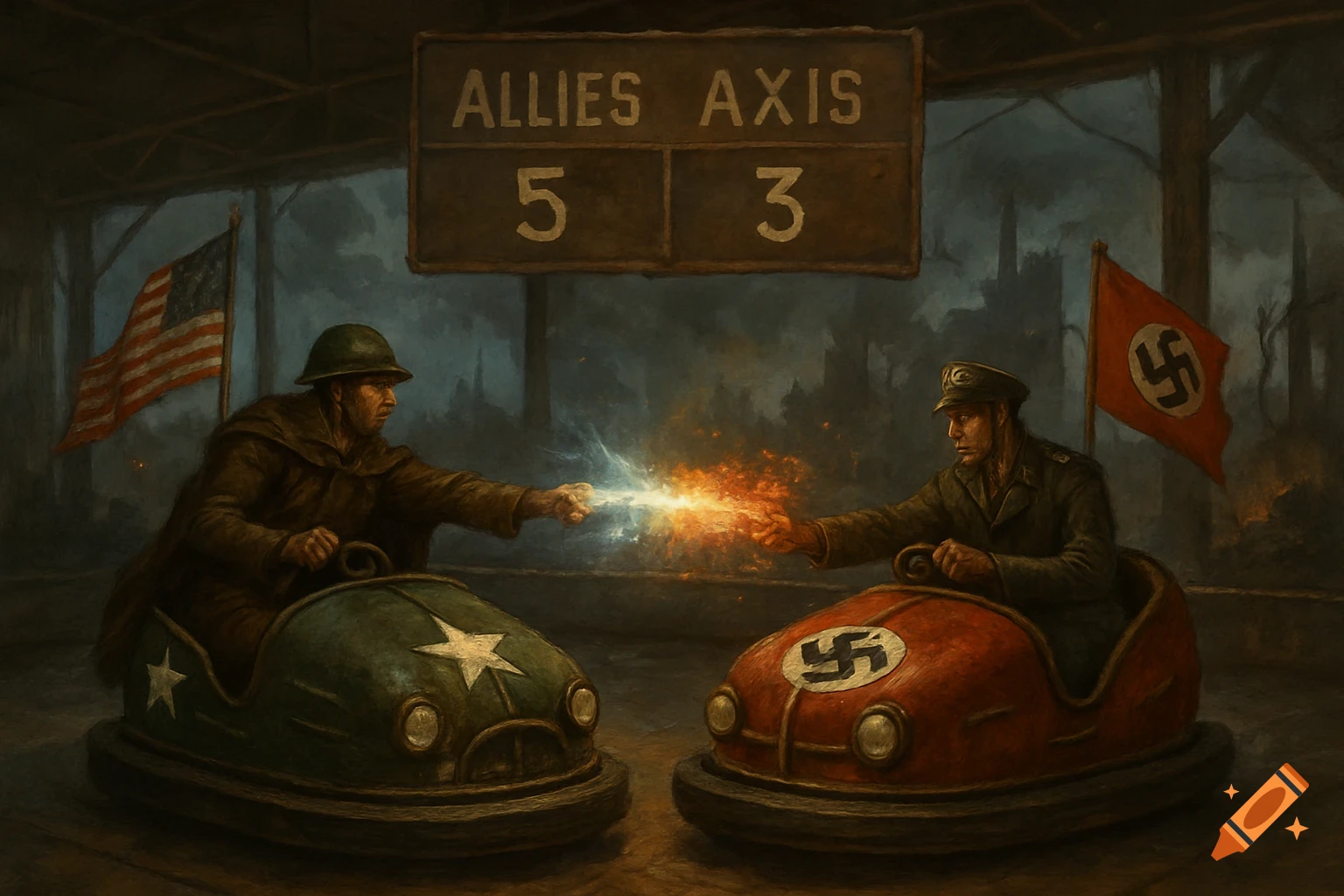 Painting of Allied and Axis soldiers in WWII-themed bumper cars under a scoreboard.