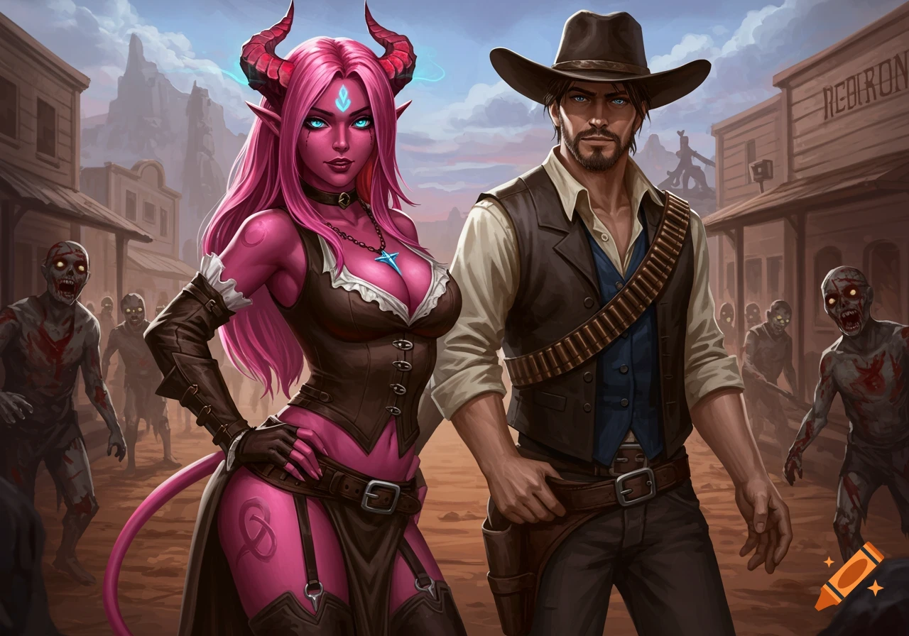 A demon lady with pink hair and a cowboy stand in a zombie-filled wild west town.
