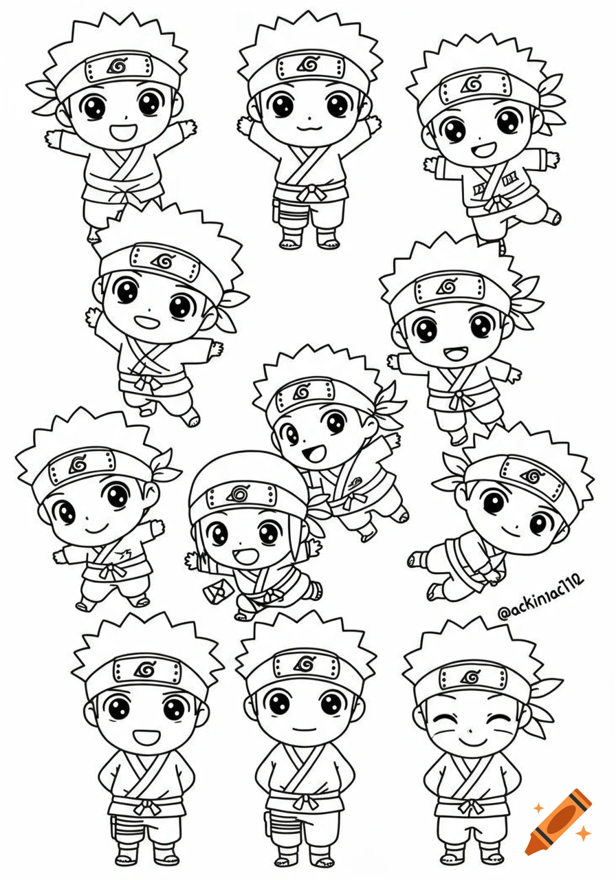 Coloring page with multiple chibi ninja characters in different poses