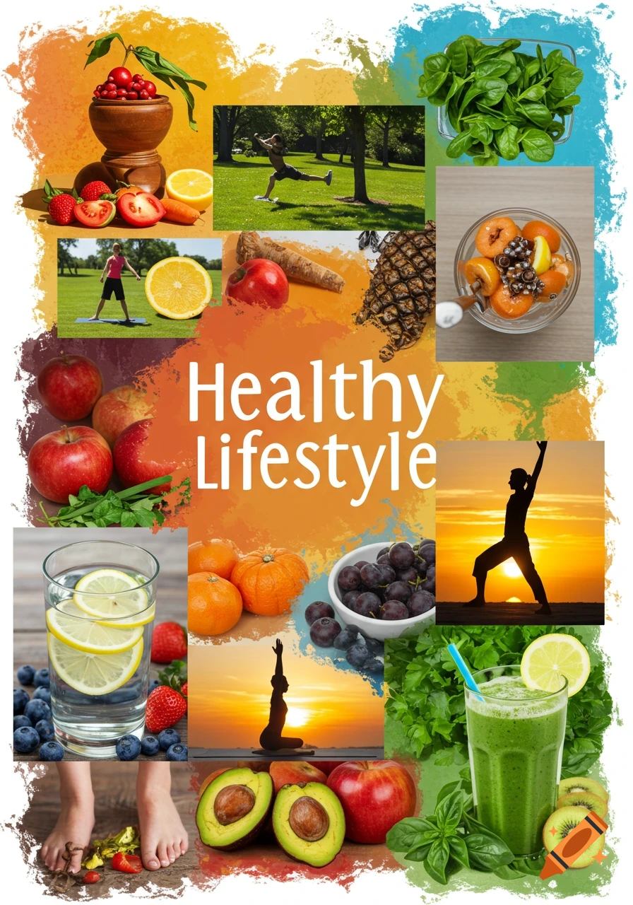 Collage of healthy food items like fruits and vegetables, alongside images of people exercising and yoga poses.
