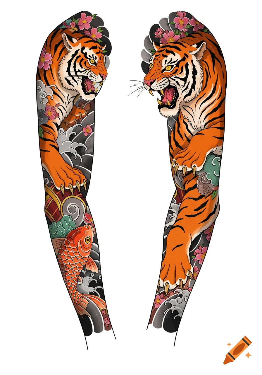 Japanese style tiger and koi fish full sleeve tattoo design