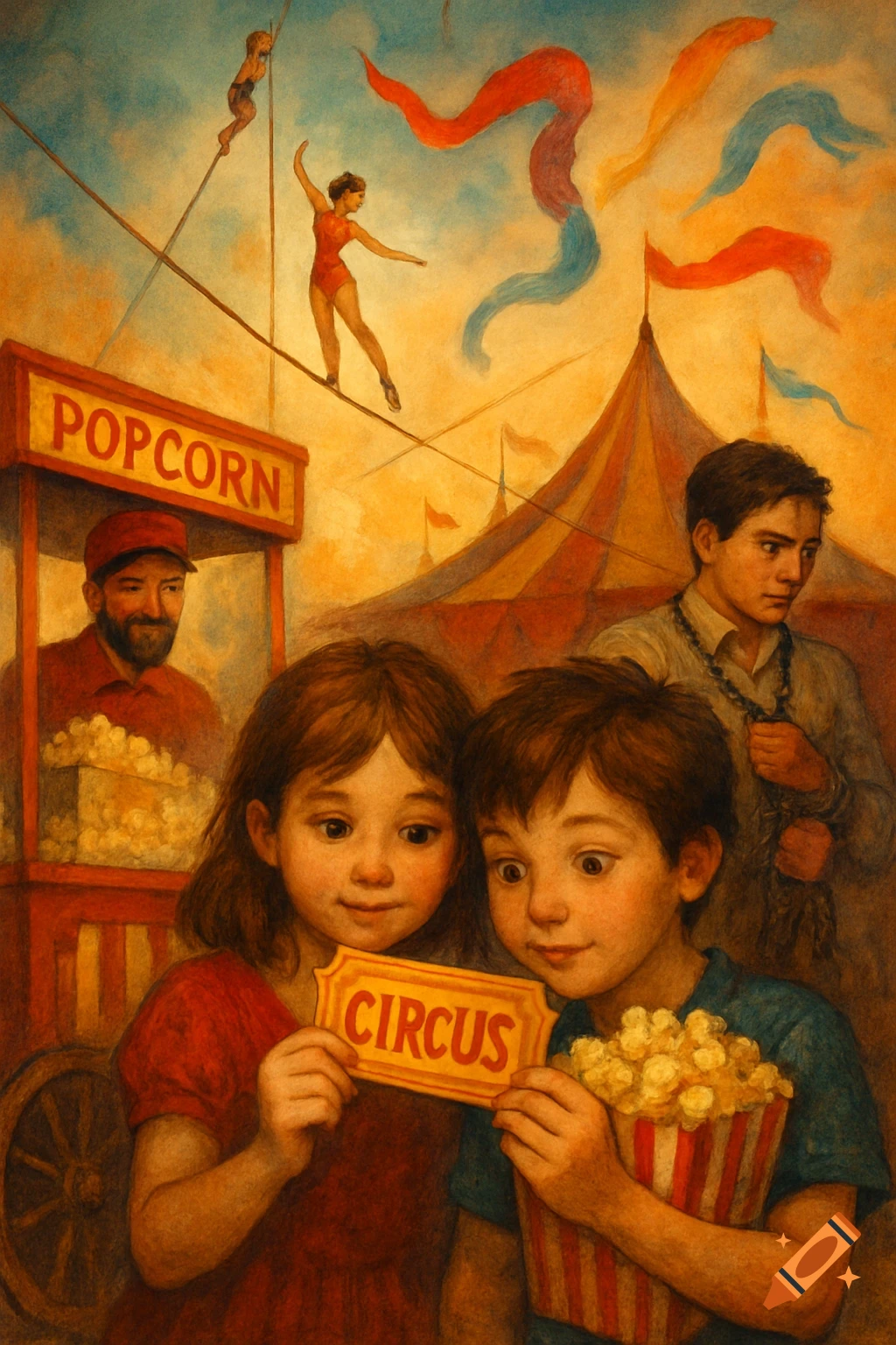 A vintage-style illustration of children at a circus, holding a ticket and popcorn, with tightrope walkers above.
