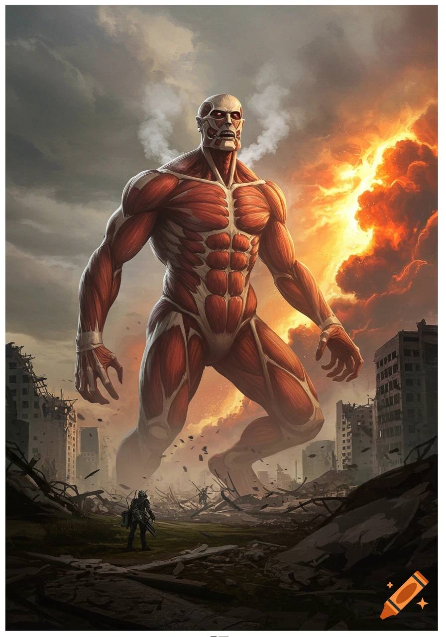 A massive, muscled titan stands in a ruined city under a stormy, fiery sky, with a small soldier in the foreground.