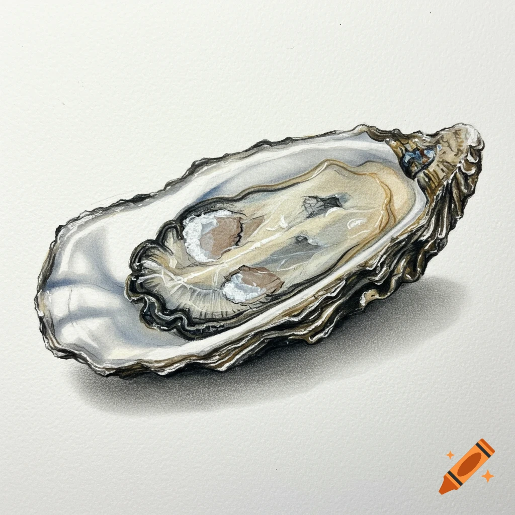Watercolor drawing of a single oyster in its shell on a white background.