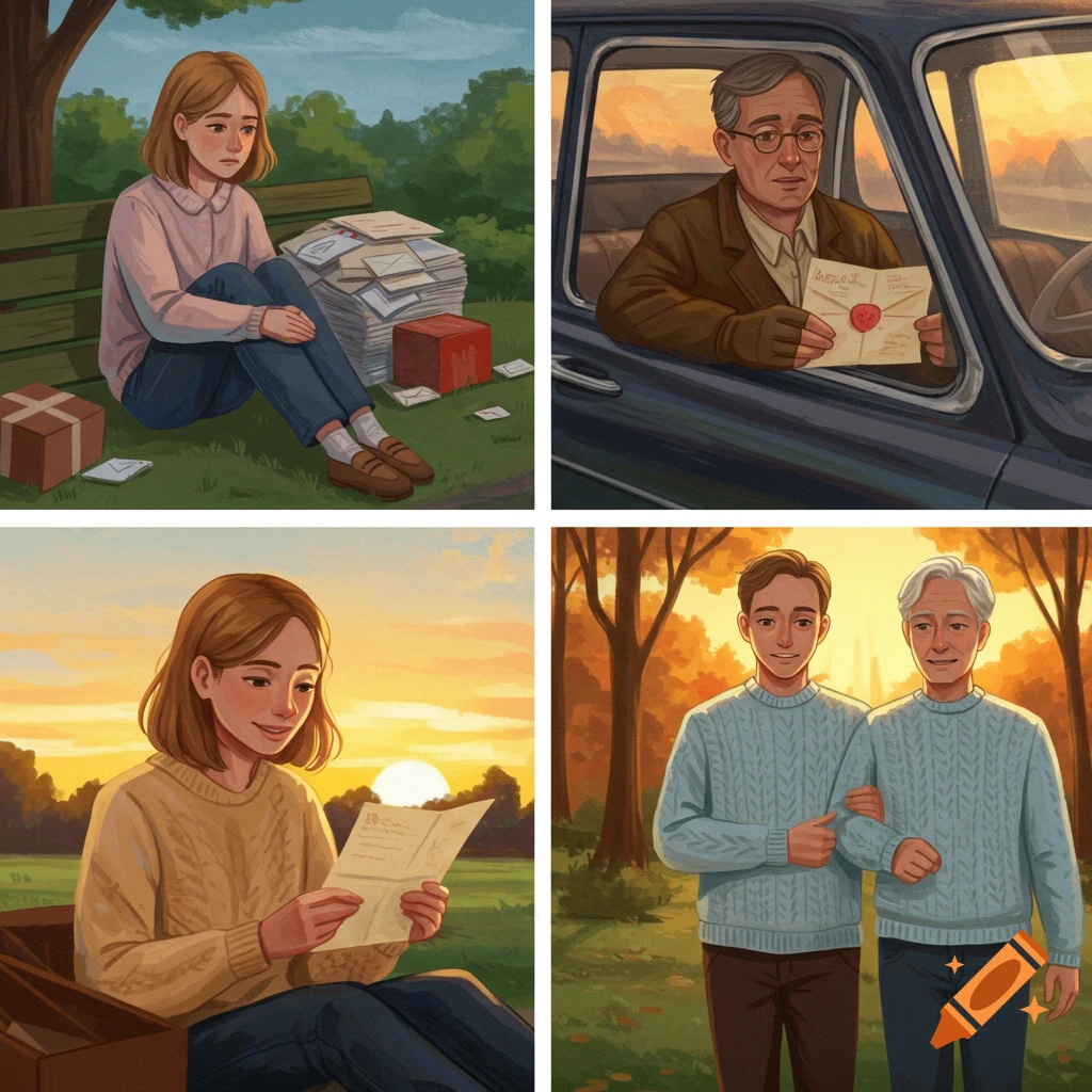 Four panel illustration: woman with letters, man in car with letter, woman reads letter at sunset, older woman walks with man.