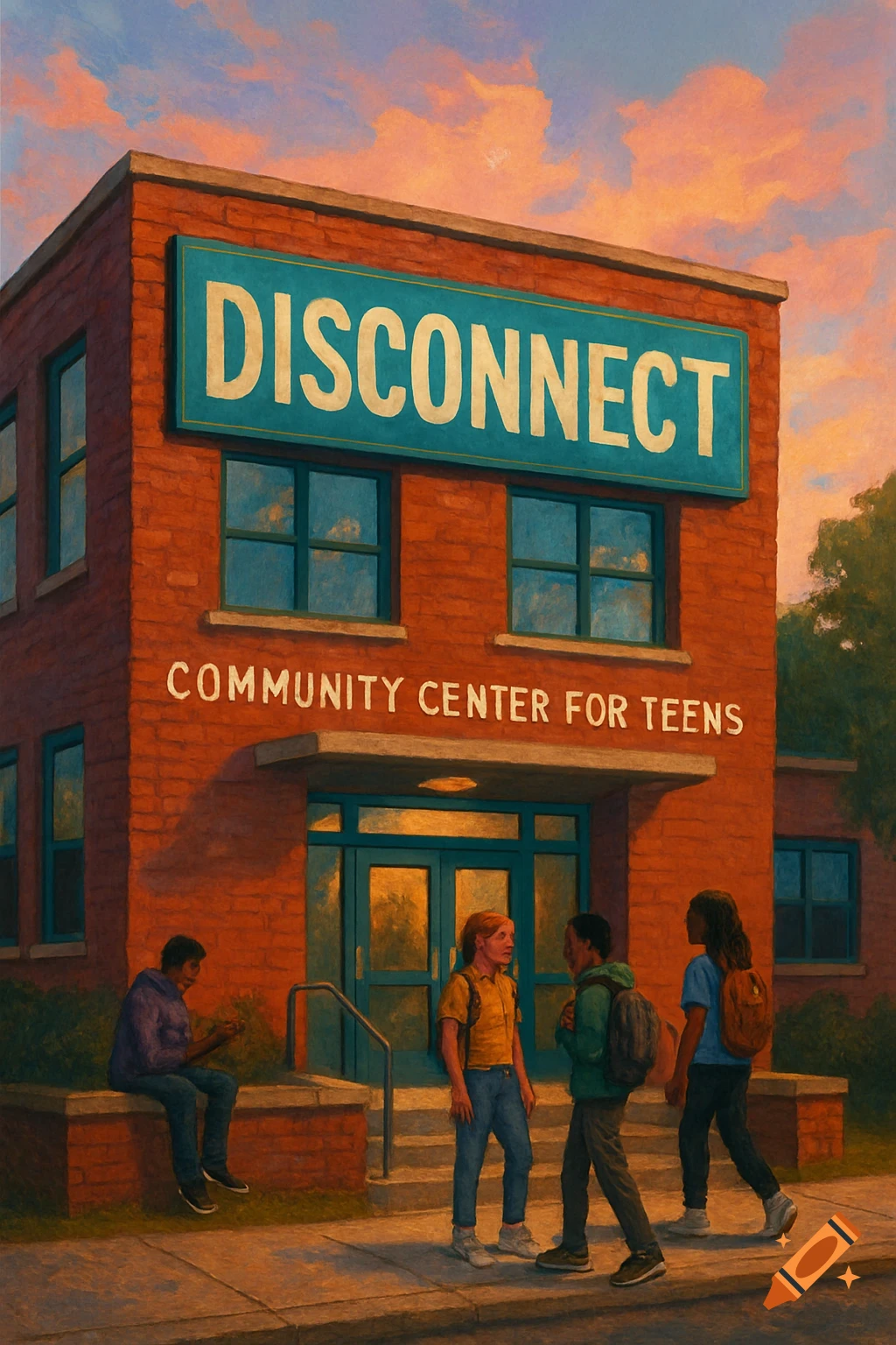 Teens stand and sit outside a red brick building labeled 'DISCONNECT COMMUNITY CENTER FOR TEENS' at sunset, in a painted style.