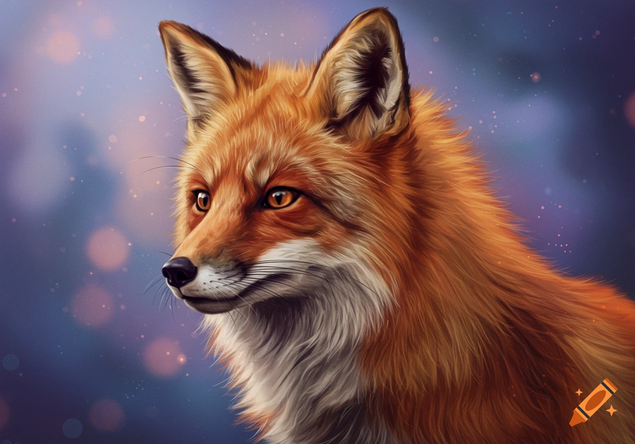An illustrated portrait of a fox with a bokeh background.