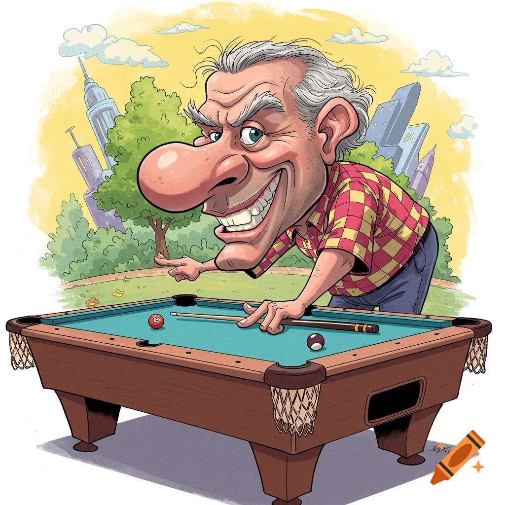 Caricature of a man playing pool outdoors.