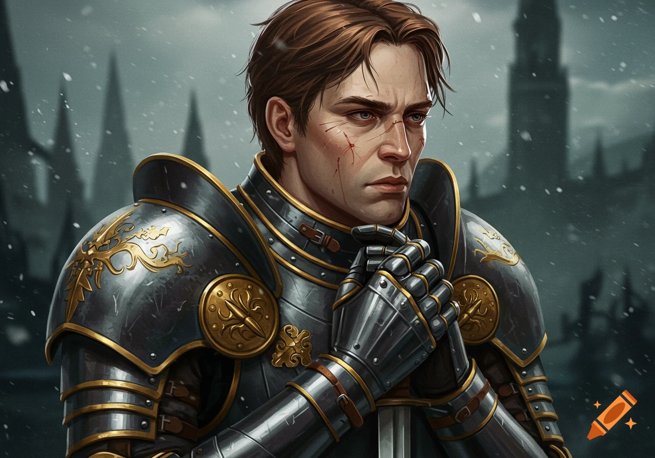 A knight in dark plate armor with golden accents stands in a snowy environment.