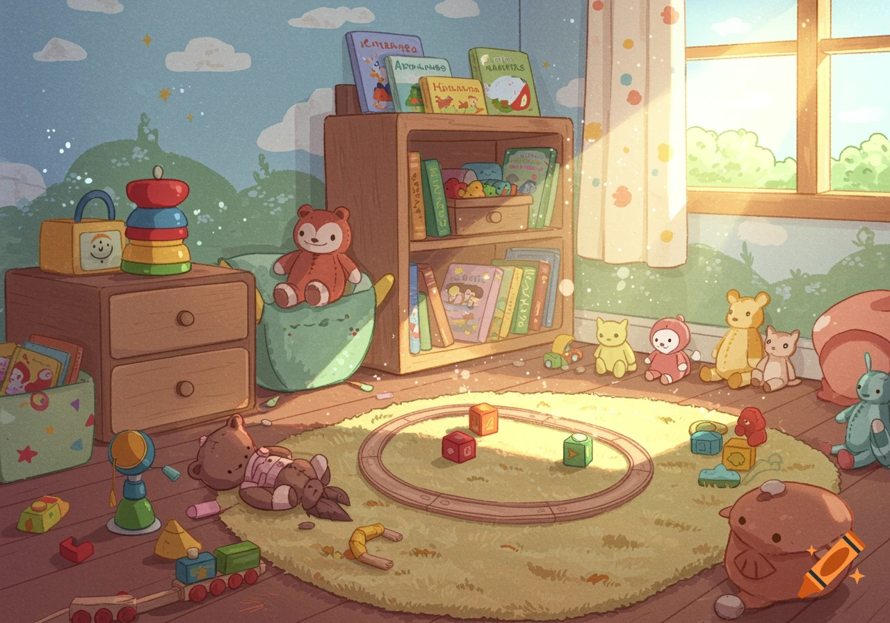 A warm cartoon illustration of a messy children's room filled with toys, books, and teddy bears, bathed in sunlight.