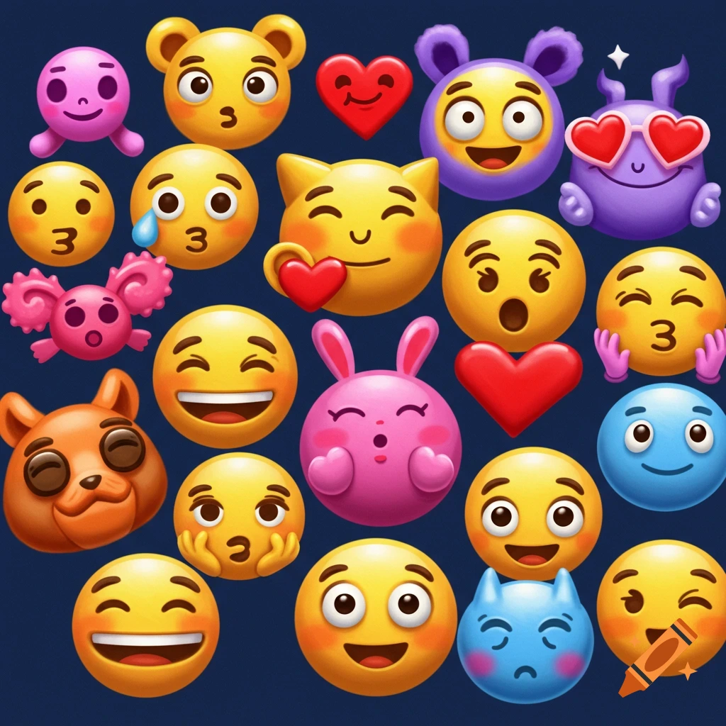 A collection of diverse cartoonish emojis and characters on a dark background.