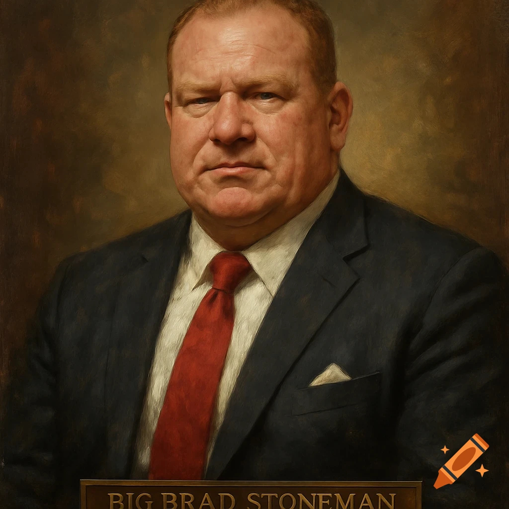 Portrait painting of a man in a dark suit and red tie with a name plaque below.