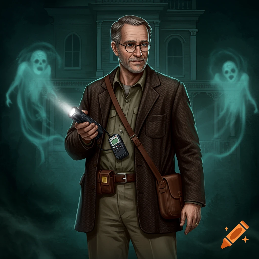 Illustration of a ghost hunter with flashlight and equipment in front of a haunted house with ghosts.