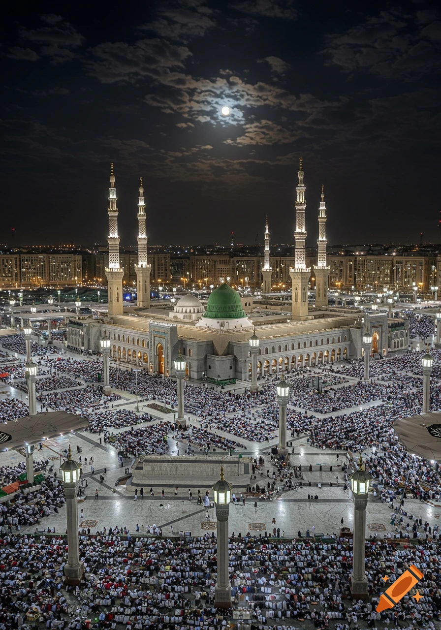 Aerial view of Al-Masjid an-Nabawi (The Prophet's Mosque) at night, filled with people praying under a full moon.